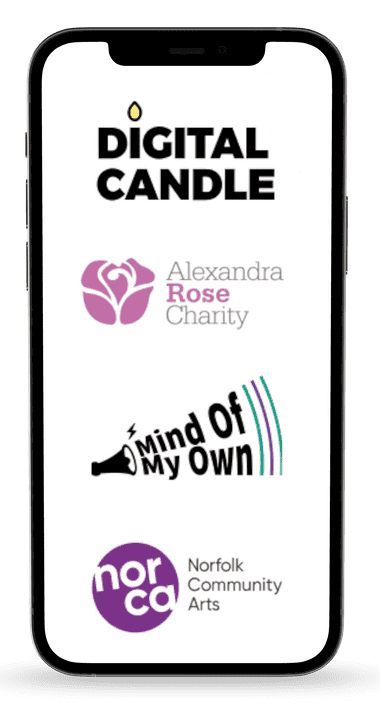 A graphic of a mobile phone displaying the Digital Candle, Alexandra Rose Charity, Mind Of My Own and Norfolk Community Arts logos